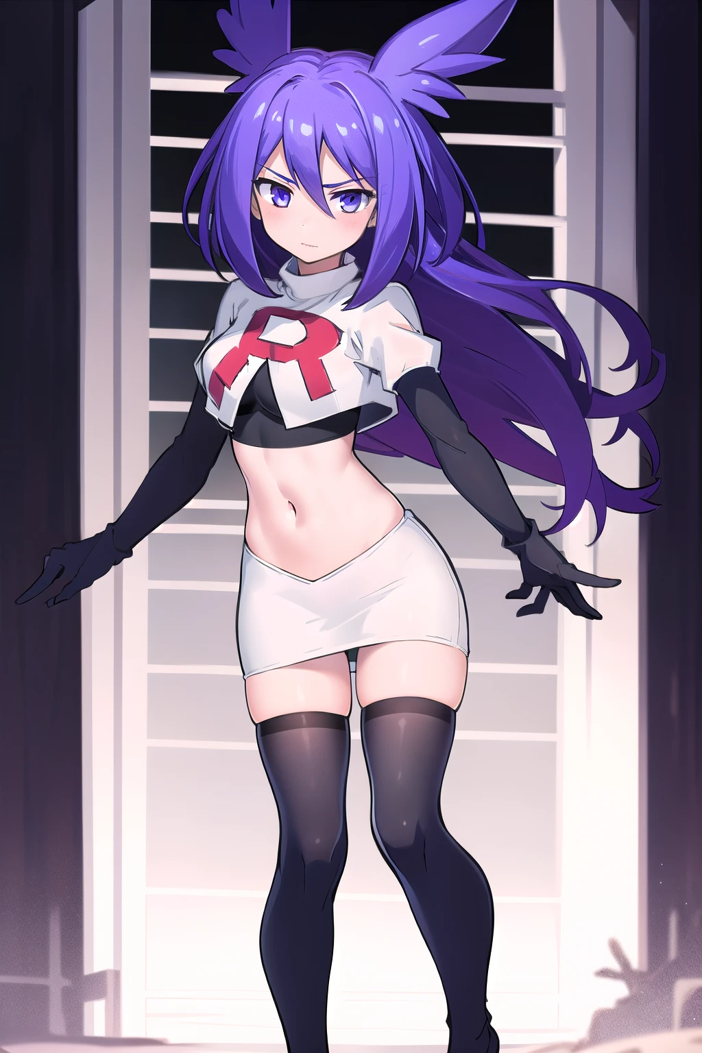 masterpiece, 1girl, levia \(trillion\), team rocket,team rocket uniform,white skirt,red letter R,crop top,black thigh-highs,black elbow gloves