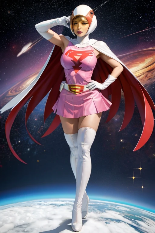 (masterpiece,best quality:1.2),highres,extremely detailed, intricate details, (full body), front view, looking at viewer,
ANI_CLASSIC_jun_gatchaman_ownwaifu, jun the swan, 
solo, 1girl, a stunning young adult female standing, slender, narrow waist, (huge breasts, cloth bulge), detailed face, detailed eyes, 
visor, helmet, white cape, elbow gloves, white gloves, belt, thighs, white legwear, superhero, spacesuit, short dress, pink dress, pink leotard, pink skirt, 
photo background, outdoors, daytime, sunny,