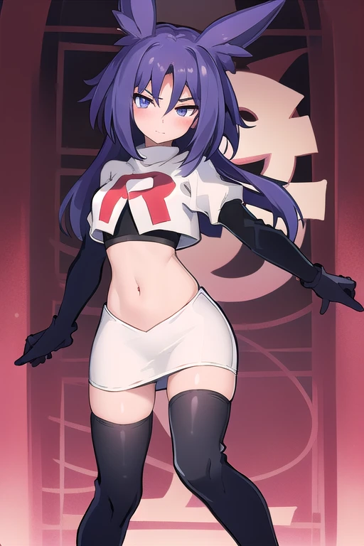 masterpiece, 1girl, levia \(trillion\), team rocket,team rocket uniform,white skirt,red letter R,crop top,black thigh-highs,black elbow gloves