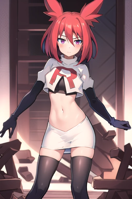 masterpiece, 1girl, levia \(trillion\), team rocket,team rocket uniform,white skirt,red letter R,crop top,black thigh-highs,black elbow gloves