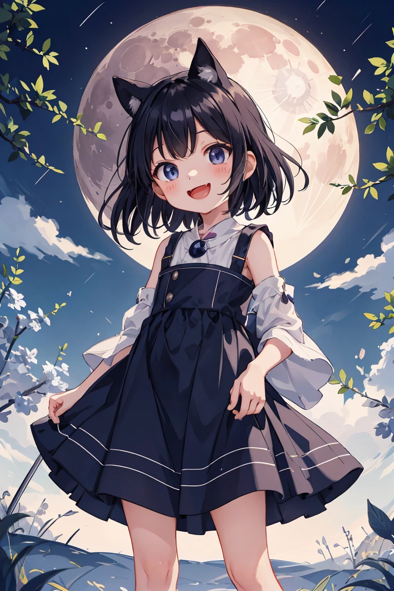 highest quality, Ultra-detailed,Kiki the Witch，（moonの上を飛ぶ）， One Girl（8--old）autiful girl，Laughter， Arms crossed, Platinum Black Hair, Night Scenery，region: moon，Flat Chest，Perfect limboonは輝く