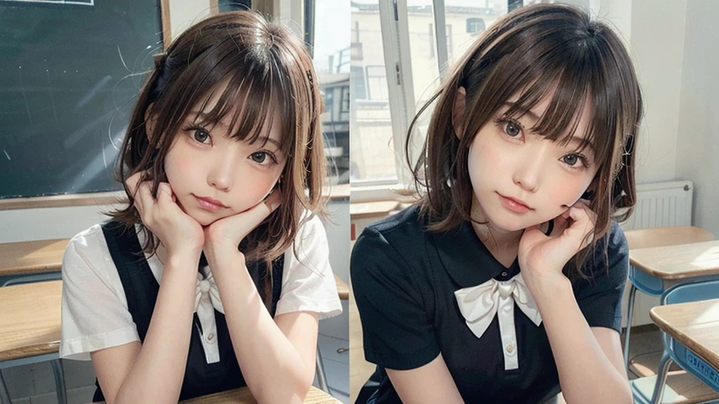 (Very delicate and beautiful: 1.2), One girl, Robber Girl, bangs, Cute eyes, bow, Brown Hair, Mouth closed, Landscape, Hair between the eyes, hair bow, Short sleeve, Looking at the audience, Medium Hair, alone, Upper Body, school uniform: 1.3, ((alone)), (masterpiece), blonde
