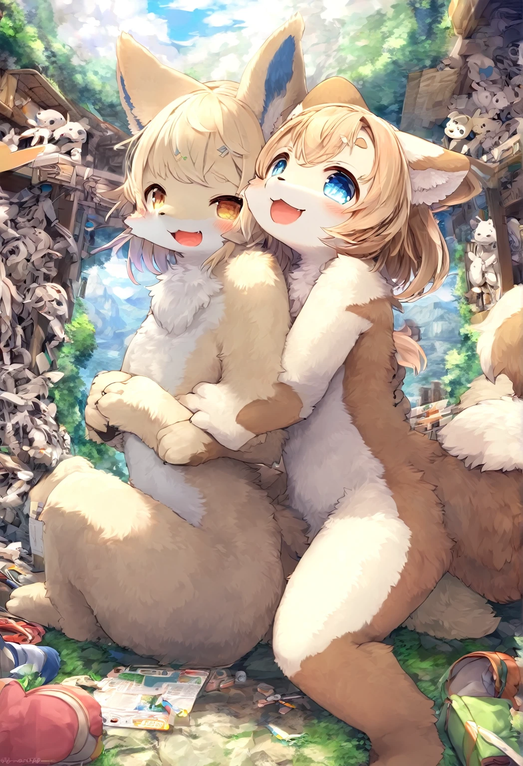 Ultra-high resolution, Detailed Background,  boy, girl, Happy, Joyful, Disorganized(kemono, Furry Personification),　Naked　Naked　Completely naked　Covered entirely in fur　Animal body types　Animal skeleton　Sexy　Adorable　Chemosafe　Pure，　No shame　having mating