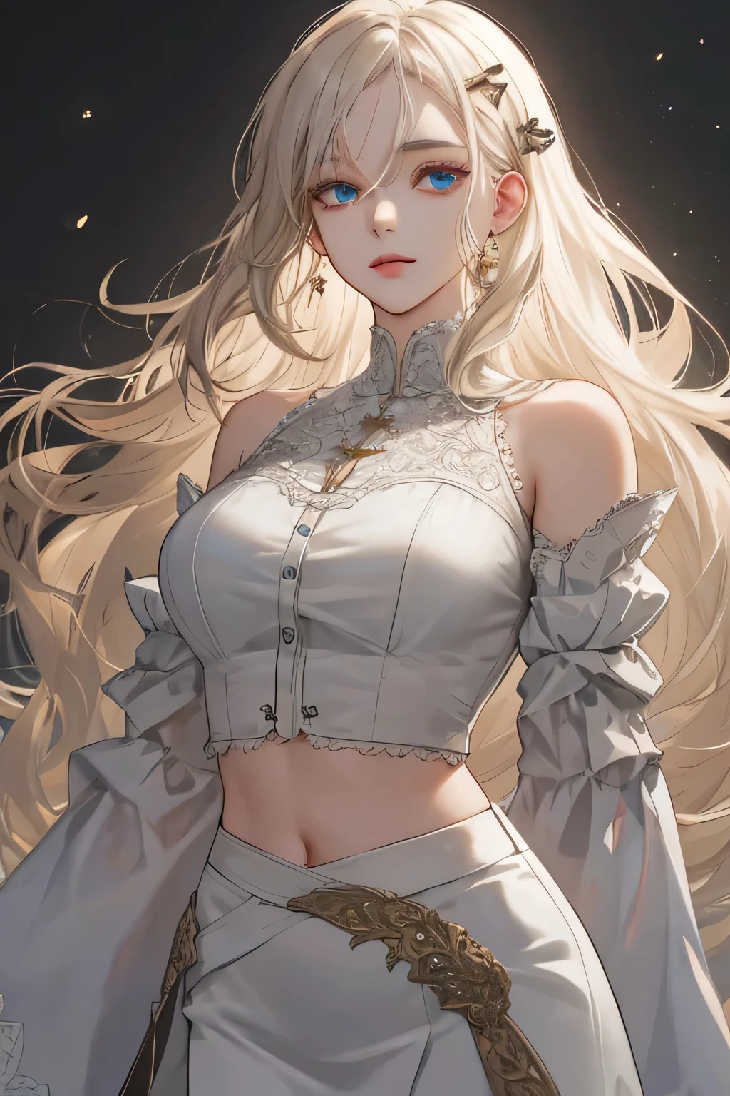 man, masculine, attractive, muscular, ((1man)), masterpiece, absurdres, best quality ,intricate details , (shiny skin, shiny body, shiny oily luster skin, shiny hair, pale skintone), old castle, Sundown, attractive, ((muscular)), adult, one, tattoo ,white blouse, earrings, brown pants, Don't look at the view , Not looking at the view, blonde very long hair, perfect detailed face, perfect detailed hands
