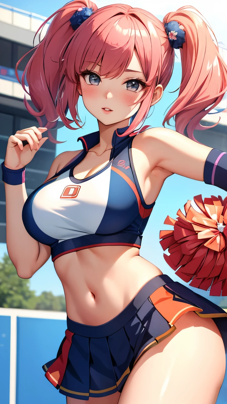 best quality, 1girl, masterpiece ultra detailed, illustration, yang guifei, glossy lips, blush, lips parted, (cheerleader), midriff, short hair, collarbone, school field, twintails, standing