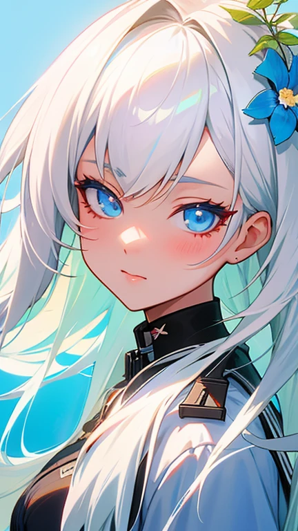 Anime girl with white hair and blue eyes with a flower in her hair, Animated paintings inspired by cold plums, PIXIV, Rococo, ahegao face, Close-up of a young anime girl, from Girls Frontline, Girls Frontline style, The black anime pupils in her eyes, From the Azur Lane video game, Fine details. Girls Frontline, White-haired deity