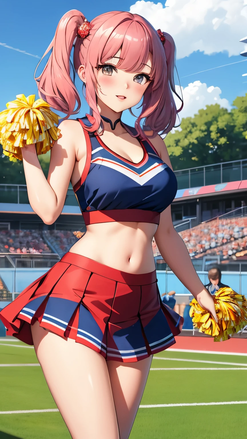 best quality, 1girl, masterpiece ultra detailed, illustration, yang guifei, glossy lips, blush, lips parted, (cheerleader), midriff, short hair, collarbone, school field, twintails, standing