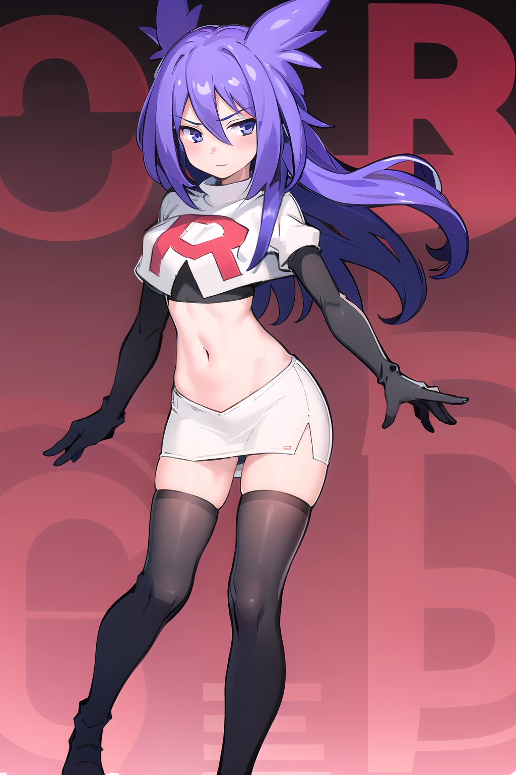 masterpiece, 1girl, levia \(trillion\), team rocket,team rocket uniform,white skirt,red letter R,crop top,black thigh-highs,black elbow gloves