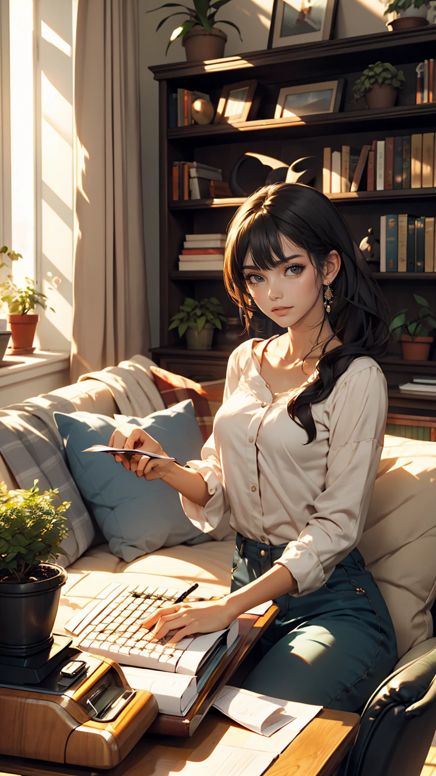 living room, sofa, window, curtain, Speckled sunlight, Potted plants, table, cupboard,Bookshelf, paper, Desk lamp, Typewriter, Girl sitting on sofa、smile