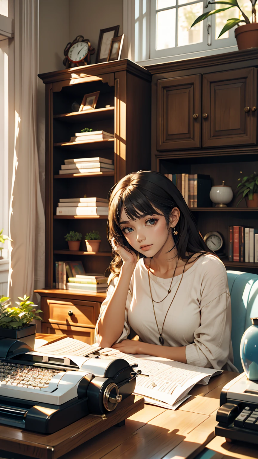 living room, sofa, window, curtain, Speckled sunlight, Potted plants, table, cupboard,Bookshelf, paper, Desk lamp, Typewriter, Girl sitting on sofa、smile