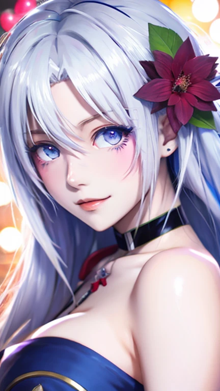 Anime girl with white hair and blue eyes with a flower in her hair, Animated paintings inspired by cold plums, PIXIV, Rococo, ahegao face, Close-up of a young anime girl, from Girls Frontline, Girls Frontline style, The black anime pupils in her eyes, From the Azur Lane video game, Fine details. Girls Frontline, White-haired deity