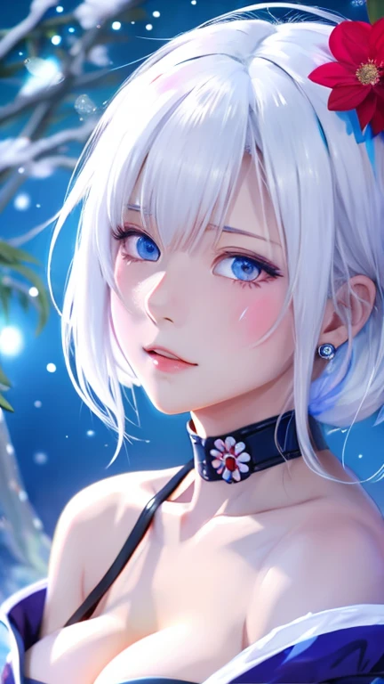 Anime girl with white hair and blue eyes with a flower in her hair, Animated paintings inspired by cold plums, PIXIV, Rococo, ahegao face, Close-up of a young anime girl, from Girls Frontline, Girls Frontline style, The black anime pupils in her eyes, From the Azur Lane video game, Fine details. Girls Frontline, White-haired deity