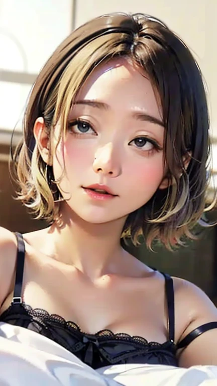 (Top quality masterpiece:1.2) Delicate illustrations, Very detailed, /Beautiful Japanese Woman、1 person,Very cute and slim、Excellent style 、((8K images、super high quality))、Very delicate face, Beautiful forehead、Bright red lipstick,(((((short hair、Light brown hair、Blonde hair))))),very cute、Kind eyes,((((lingerie、Lying on your back in bed))))、starry skies、Tokyo night view