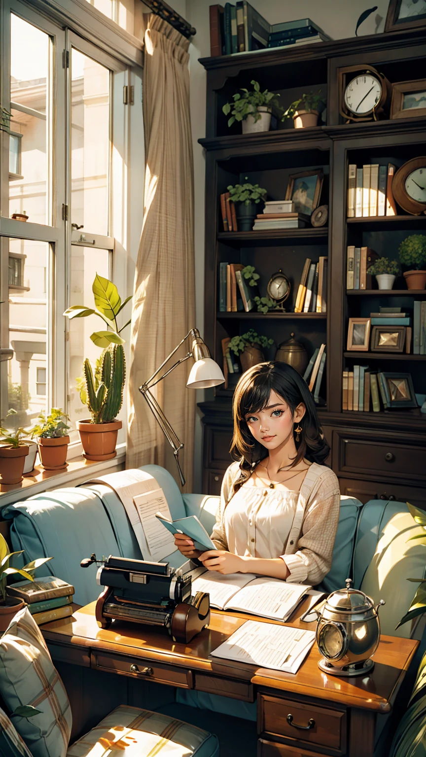 living room, sofa, window, curtain, Speckled sunlight, Potted plants, table, cupboard,Bookshelf, paper, Desk lamp, Typewriter, Girl sitting on sofa、smile