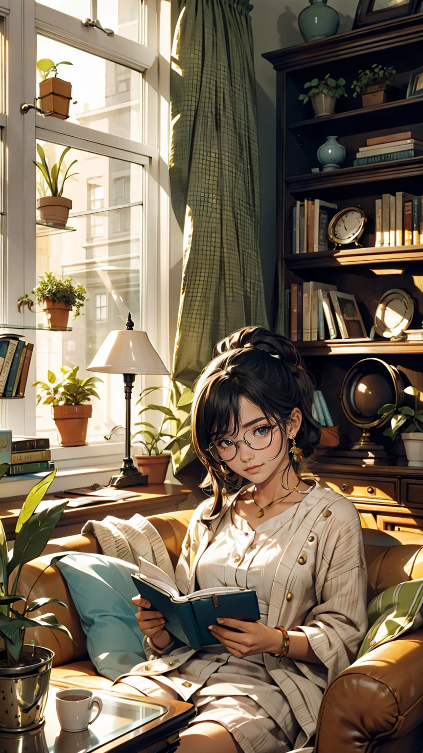 living room, sofa, window, curtain, Speckled sunlight, Potted plants, table, cupboard,Bookshelf, paper, Desk lamp, Typewriter, Girl sitting on sofa、smile