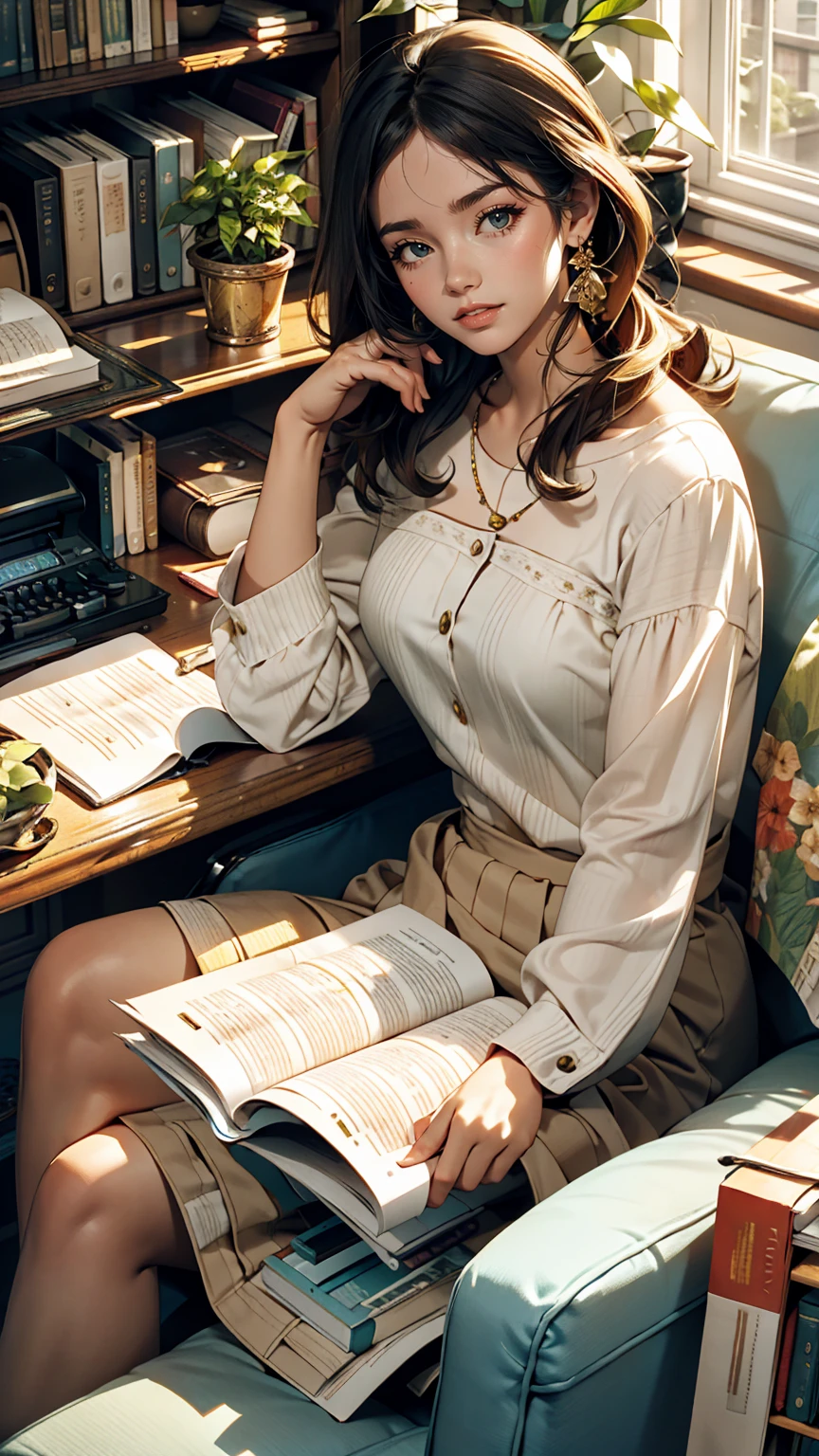 living room, sofa, window, curtain, Speckled sunlight, Potted plants, table, cupboard,Bookshelf, paper, Desk lamp, Typewriter, Girl sitting on sofa、smile