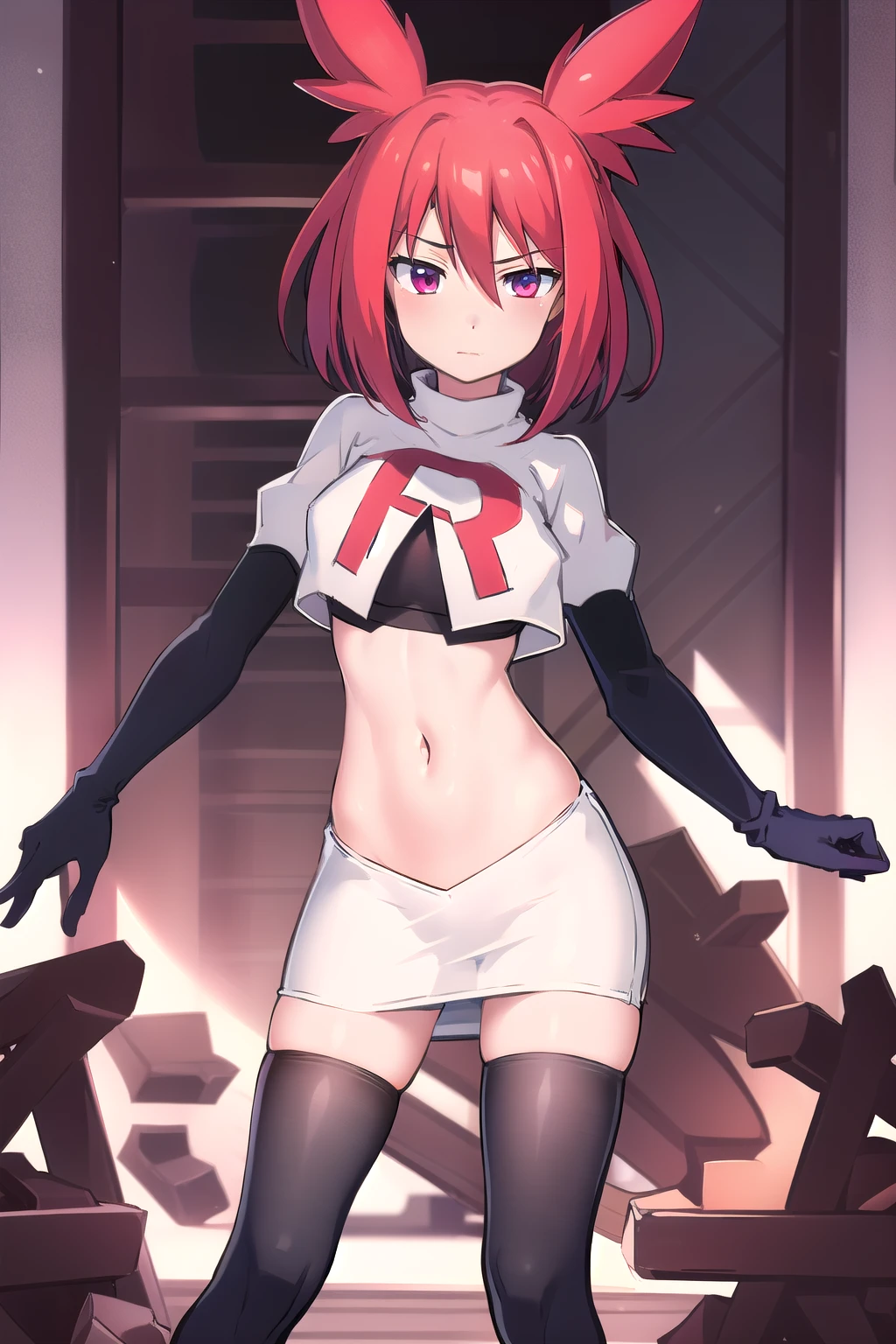 masterpiece, 1girl, levia \(trillion\), team rocket,team rocket uniform,white skirt,red letter R,crop top,black thigh-highs,black elbow gloves