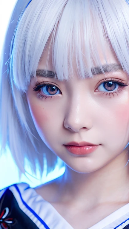 Anime girl with white hair and blue eyes with a flower in her hair, ahegao face, Close-up of a young anime girl, from Girls Frontline, Girls Frontline style, The black anime pupils in her eyes, From the Azur Lane video game, Fine details. Girls Frontline, White-haired deity, Delicate anime soft face, Detailed anime face, from the night of the ark