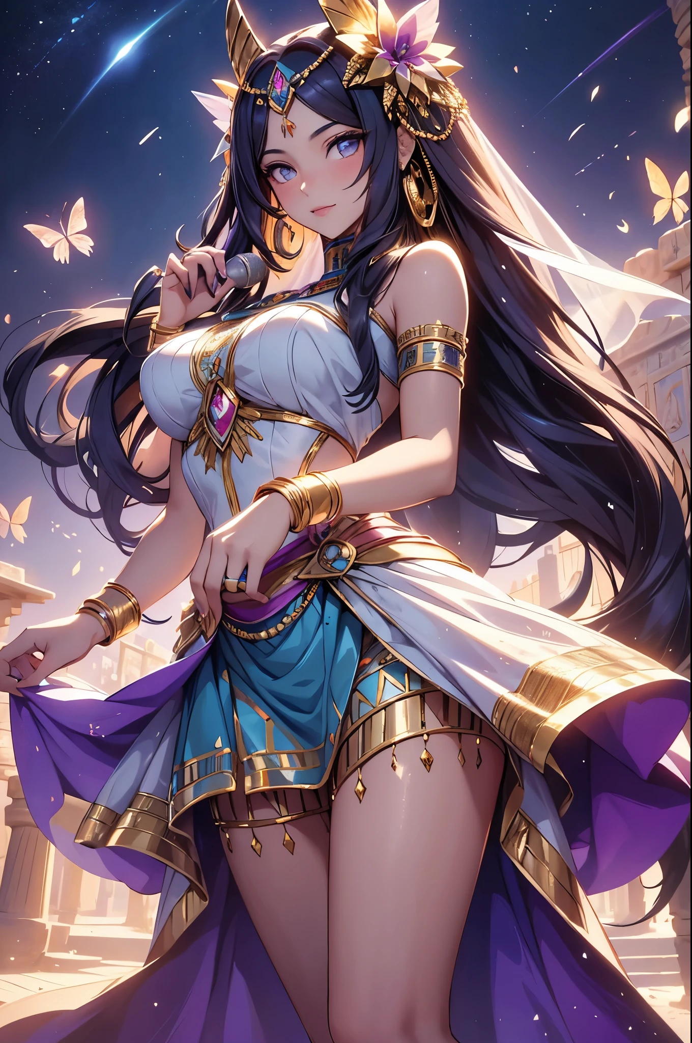 (best quality,4k,8k,highres,masterpiece:1.2),ultra-detailed,(realistic,photorealistic,photo-realistic:1.37),acrylic painting,beautiful Egyptian model in a Lolita dress with downy hair,beautiful Egyptian model with extremely colorful hair and detailed facial features,beautiful Egyptian model standing in a beautiful garden surrounded by a starry sky,beautiful Egyptian model wearing a vibrant Lolita dress,beautiful Egyptian model with intricate accessories and a matching hat,beautiful Egyptian model posing gracefully with her hands on her hips,beautiful Egyptian model with long flowing twintails,beautiful Egyptian model with bright blue eyes and rosy lips,beautiful Egyptian model with a joyful expression,beautiful Egyptian model in a dynamic pose with cherry blossoms falling around her,beautiful Egyptian model surrounded by colorful flowers and butterflies,beautiful Egyptian model's dress adorned with cute bows and lace details,beautiful Egyptian model with an enchanting smile,beautiful Egyptian model with soft, pastel-colored shading,beautiful Egyptian model with a magical glow illuminating her,beautiful Egyptian model in a picturesque setting with a winding path leading to a magnificent castle,beautiful Egyptian model holding a microphone and singing passionately,beautiful Egyptian model with a fairytale-like background,beautiful Egyptian model with a soft, dreamy atmosphere,beautiful Egyptian model with a subtle bokeh effect,beautiful Egyptian model standing under a moonlit sky,beautiful Egyptian model with a warm, golden sunset in the background,beautiful Egyptian model surrounded by twinkling stars and colorful nebulae,creating an ethereal and captivating artistic masterpiece. 