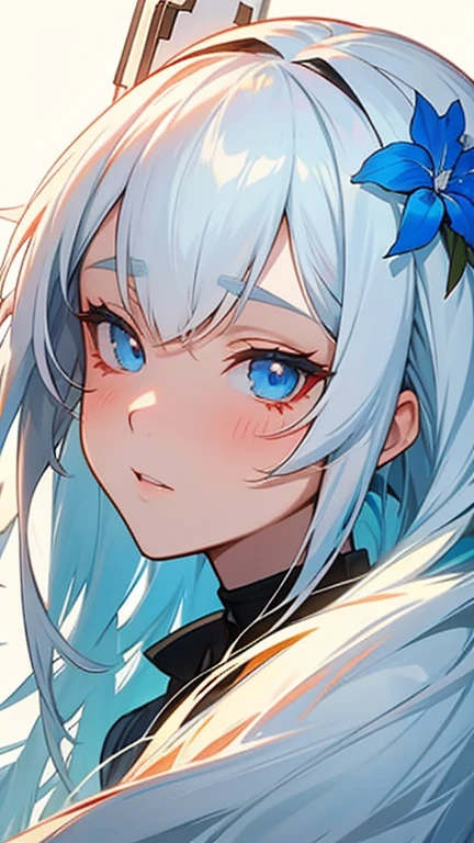 Anime girl with white hair and blue eyes with a flower in her hair, ahegao face, Close-up of a young anime girl, from Girls Frontline, Girls Frontline style, The black anime pupils in her eyes, From the Azur Lane video game, Fine details. Girls Frontline, White-haired deity, Delicate anime soft face, Detailed anime face, from the night of the ark