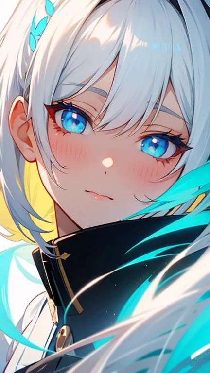 Anime girl with white hair and blue eyes with a flower in her hair, ahegao face, Close-up of a young anime girl, from Girls Frontline, Girls Frontline style, The black anime pupils in her eyes, From the Azur Lane video game, Fine details. Girls Frontline, White-haired deity, Delicate anime soft face, Detailed anime face, from the night of the ark
