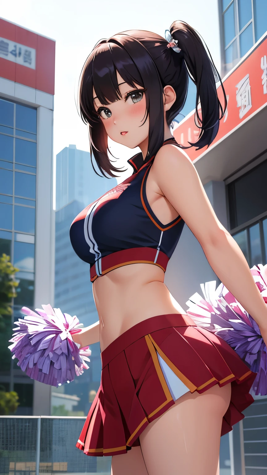 best quality, 1girl, masterpiece ultra detailed, illustration, yang guifei, glossy lips, blush, lips parted, (cheerleader), midriff, short hair, school field, twintails, standing, looking back at viewer