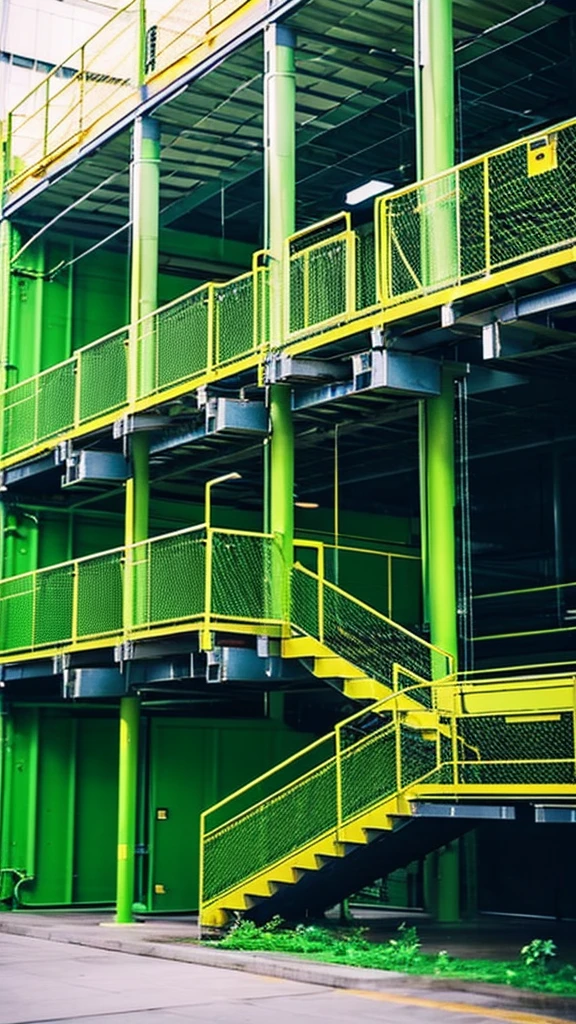 there is a large metal structure with a yellow railing, biroremediation plant, industrial plant environment, instagram photo, instagram post, serene environment, peaceful environment, maintenance area, uploaded, industrial factory, maintenance photo, industrial environment, waste processing machinery, backdrop, album photo, discovered photo, chemical plant, group photo, description, black and green scheme