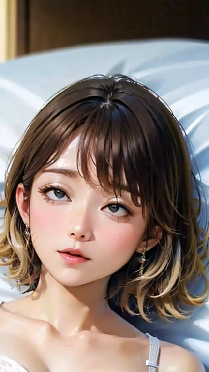 (Top quality masterpiece:1.2) Delicate illustrations, Very detailed, /Beautiful Japanese Woman、1 person,Very cute and slim、Excellent style 、((8K images、super high quality))、Very delicate face, Beautiful forehead、Bright red lipstick,(((((short hair、Light brown hair、Blonde hair))))),very cute、Kind eyes,((((lingerie、Lying on your back in bed))))、starry skies、Tokyo night view