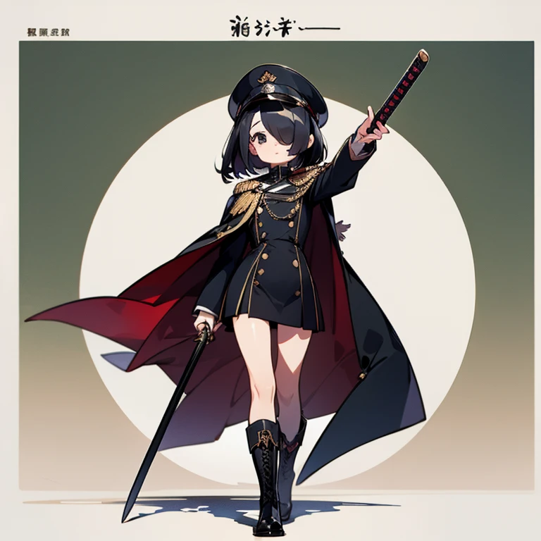 girl、highest quality、masterpiece、alone、Black military uniform、hat、Bobcut、whole body、boots、Character design sheet、Japanese sword、Cape、Black Hair、Hair Over One Eye