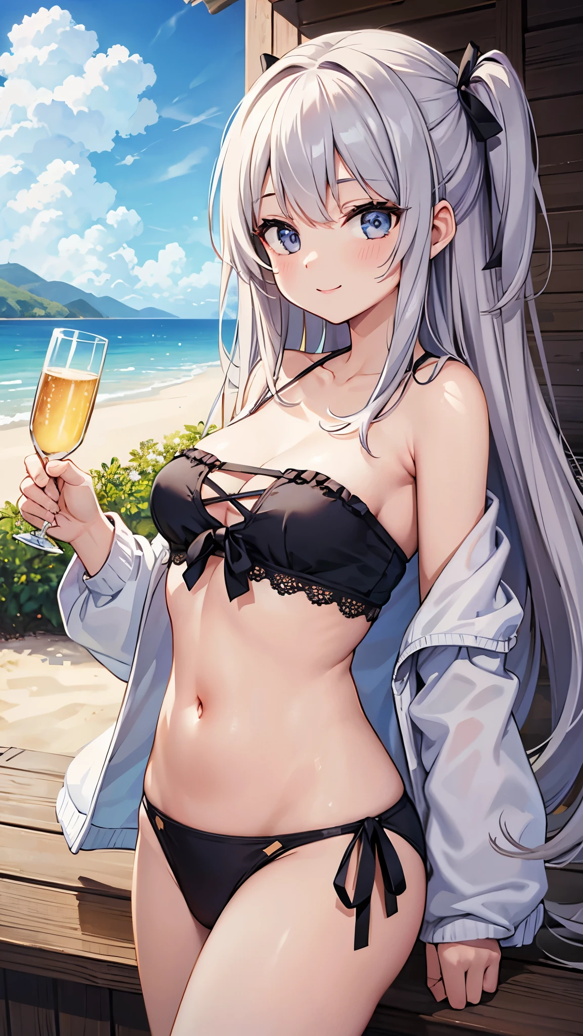 (masterpiece), (highest quality), (Very detailed), Realistic, (Best illustrations), (Very delicate and beautiful),One girl, hiryuusummer, One side up, (Striped Hoodie), , (holding champagne glass), From the side, View your viewers, smile, Detailed landscape, bikini, Crop top, Bandeau, Tube top, Frills, abdomen, belly button, Beach House, Straw roof, Raise your arms, Detailed landscape, ,  Strapless