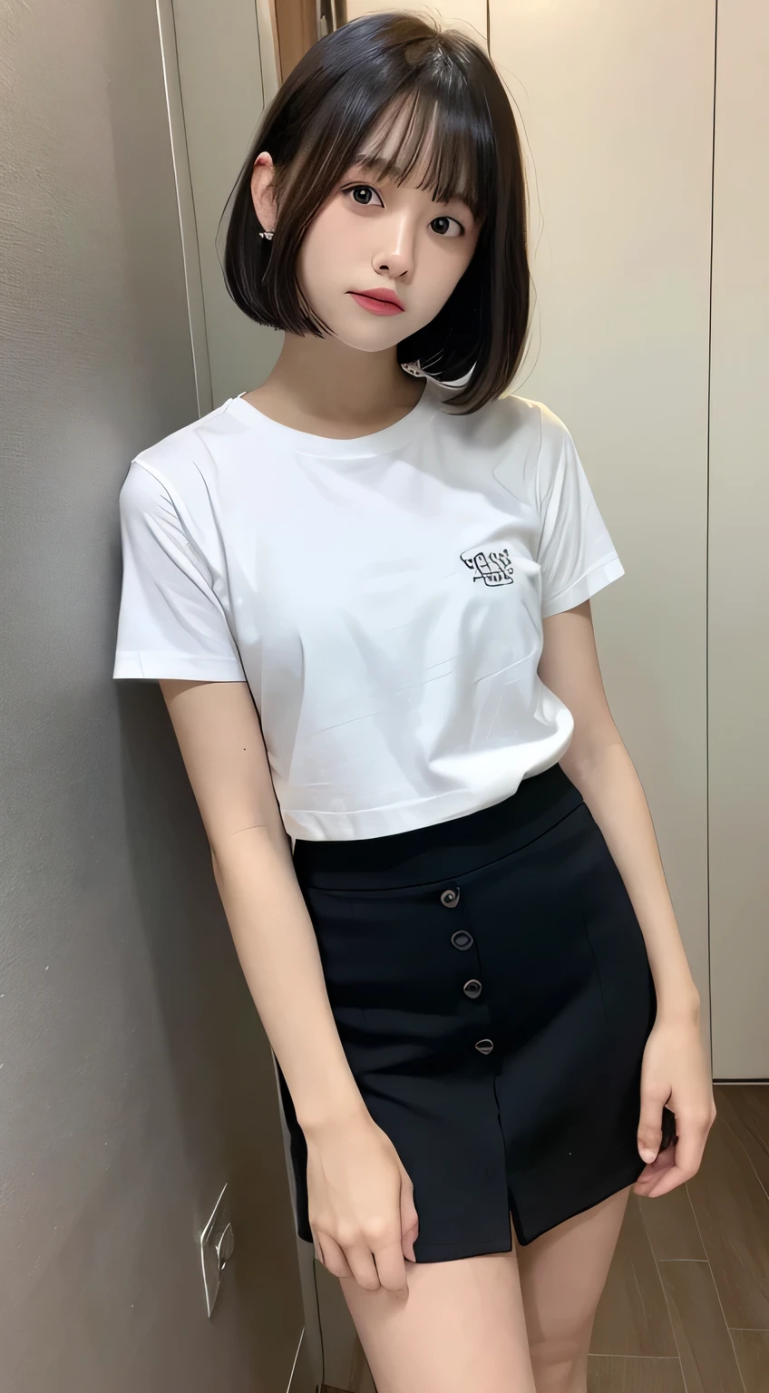 White tight shirt、mini skirt、I can see your pants、bed、Embarrassed face、Short sleeve、Short hair with bangs