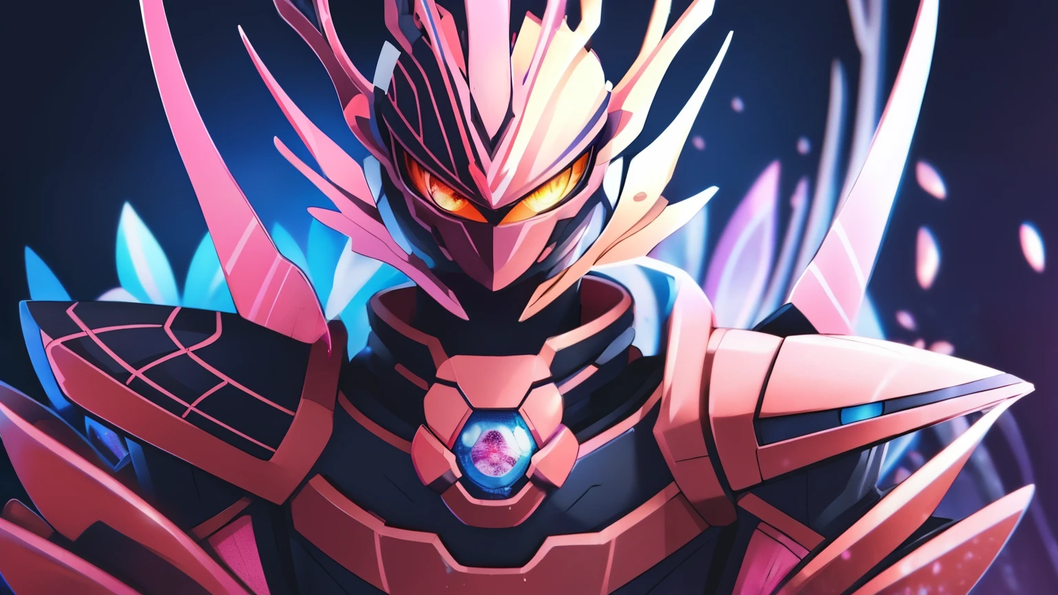 1male, kamen rider, black armor, pink hue, orange hue, blue hue, orange eyes, butterfly motif, black hole motif, pink sakura, orange rose, blue nemophila, futuristic, a bit bulky, futuristic, visual novel cg style, BREAK looking at viewer, BREAK (masterpiece:1.2), best quality, high resolution, unity' 8k wallpaper, (illustration:0.8), (beautiful detailed eyes:1.6), extremely detailed face, perfect lighting, extremely detailed CG, (perfect hands, perfect anatomy)