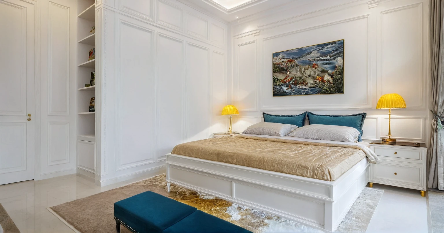 Raw photo,Masterpiece, high quality, best quality, authentic, super detail,
interior, indoors,living room, neoclassic style , bed, cabinet, lamp, rug, bookshelf, bright tone, white wall
, (daylight:1.1), vivid colour, (realistic:1.2),JJ's Interior