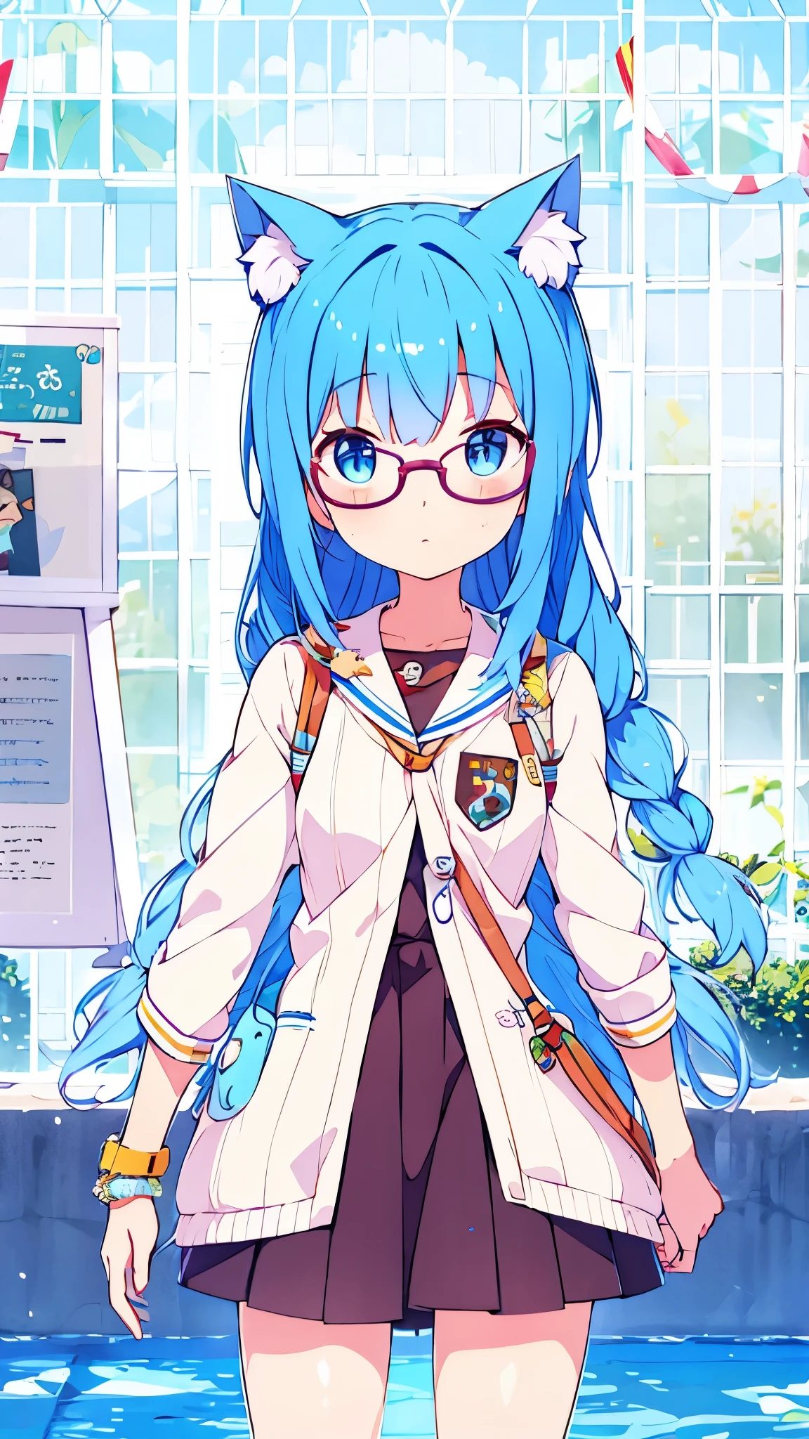 girl blue  hair blue eyes Glasses nekomimi 