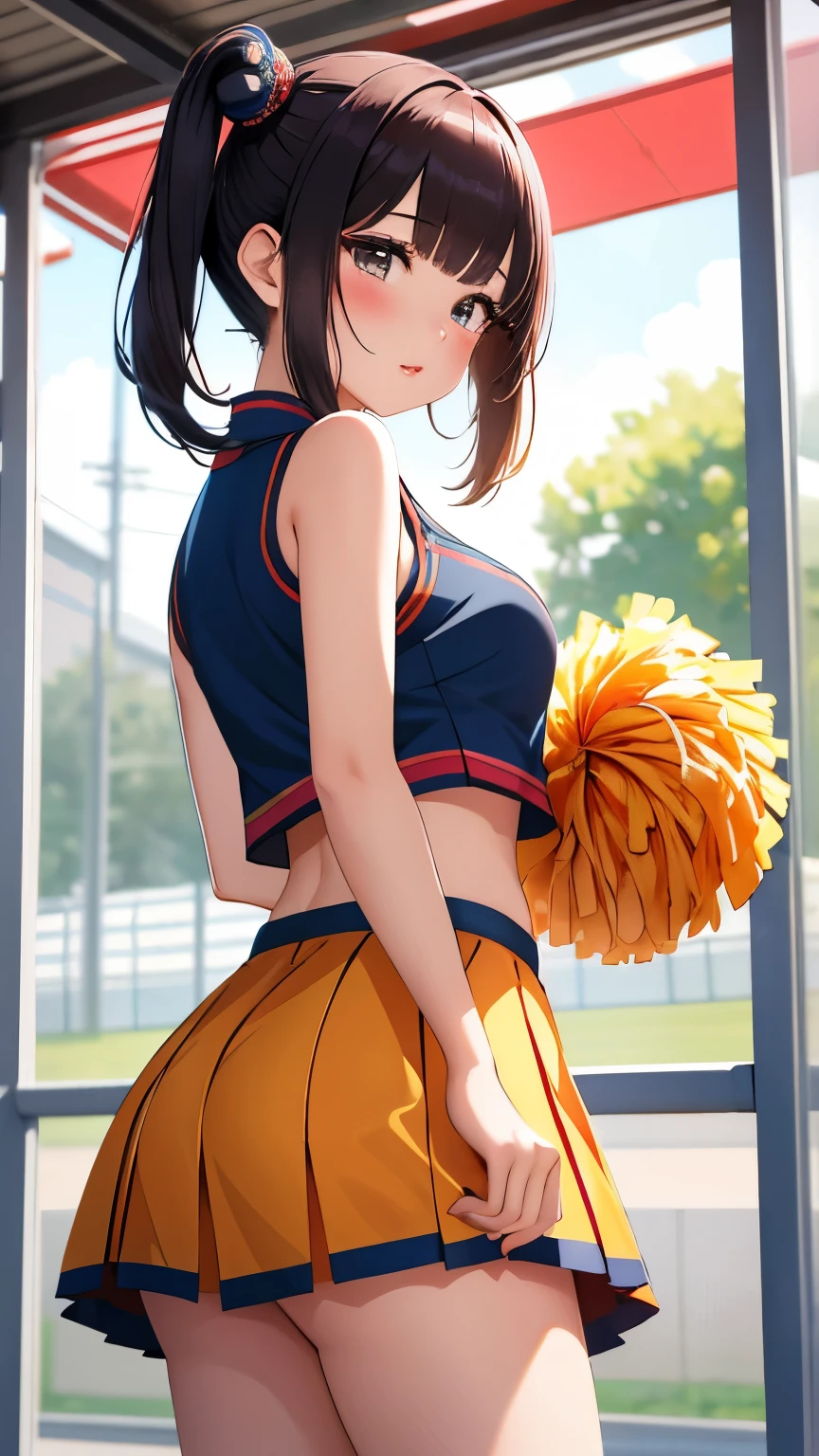 best quality, 1girl, masterpiece ultra detailed, illustration, yang guifei, glossy lips, blush, lips parted, (cheerleader), midriff, short hair, school field, twintails, standing, looking back at viewer