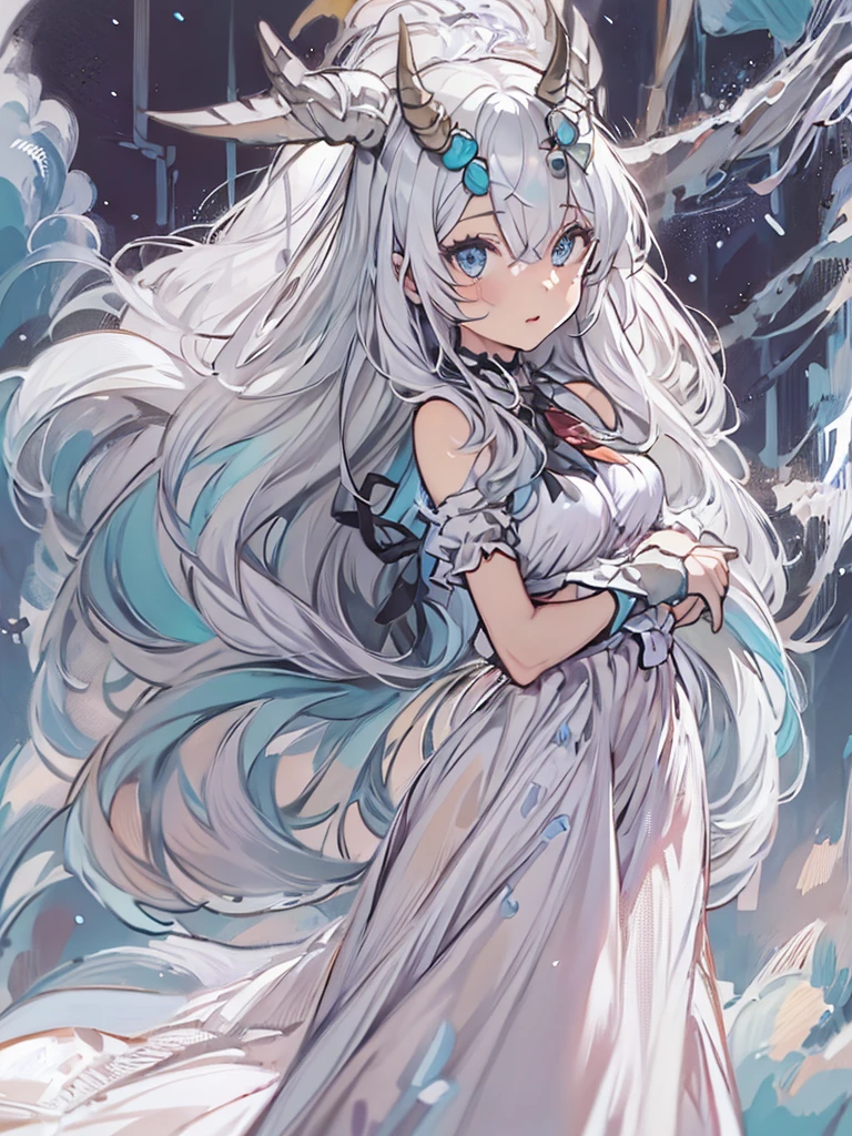 ((masterpiece)), ((bestquality)), 1 girl, solo, a ****************, white hair, blue eyes, detailed face, dragonian_head, dragonian_body, dragonian_hairstyle, dragonian_horns, dragonian_tail, one white tail, white long dress, black choker, cyan eyes, ((circlet on head)), bangs, red sky, (meteor shower), torn dress, full_body_shot