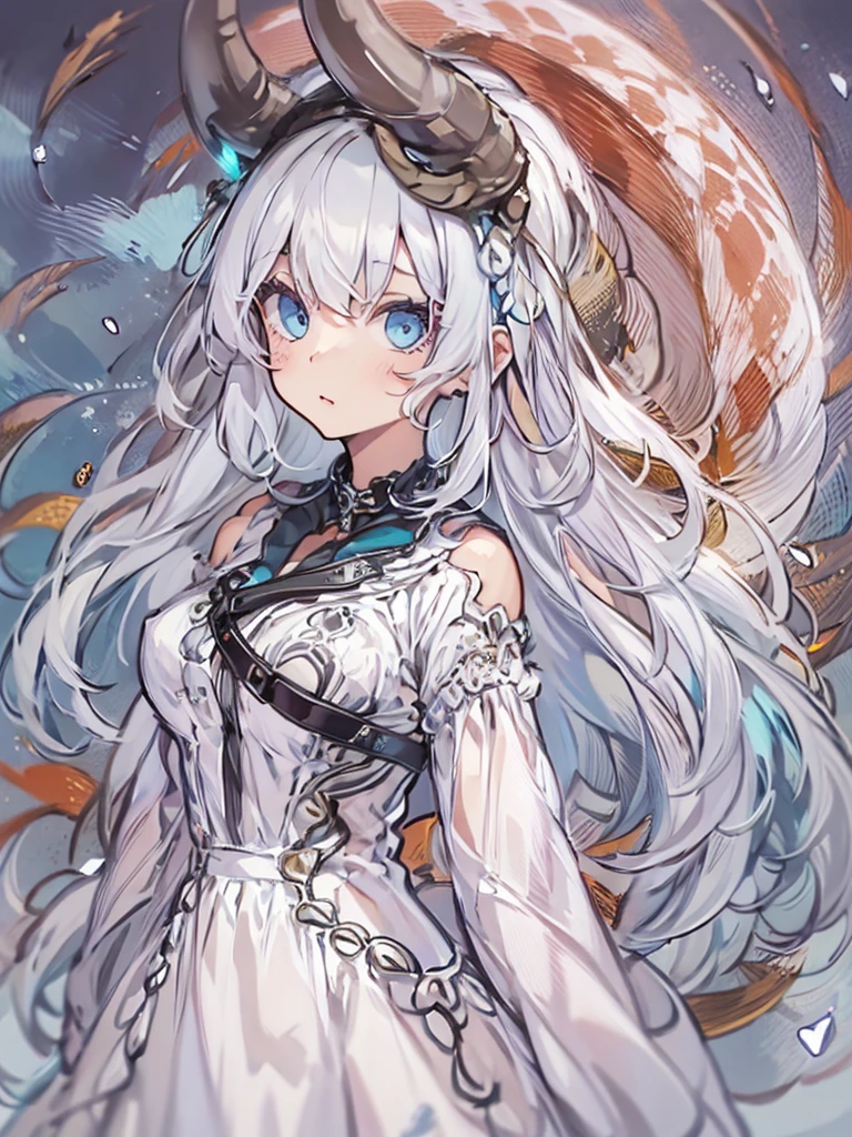 ((masterpiece)), ((bestquality)), 1 girl, solo, a -yeld gi white hair, blue eyes, detailed face, dragonian_head, dragonian_body, dragonian_hairstyle, dragonian_horns, dragonian_tail, one white tail, white long dress, black choker, cyan eyes, ((circlet on head)), bangs, red sky, (meteor shower), torn dress, full_body_shot