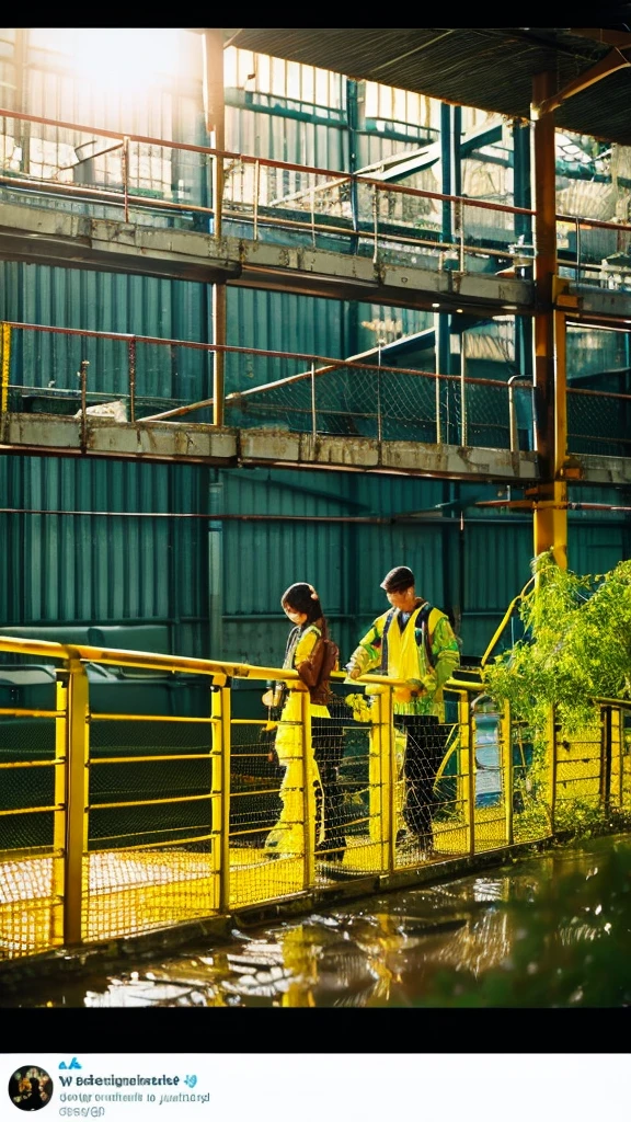 there is a large metal structure with a yellow railing, a picture by Wayne England, instagram, happening, biroremediation plant, industrial plant environment, instagram photo, instagram post, serene environment, peaceful environment, maintenance area, uploaded, industrial factory, maintenance photo, industrial environment, waste processing machinery, backdrop, album photo, discovered photo, chemical plant, group photo