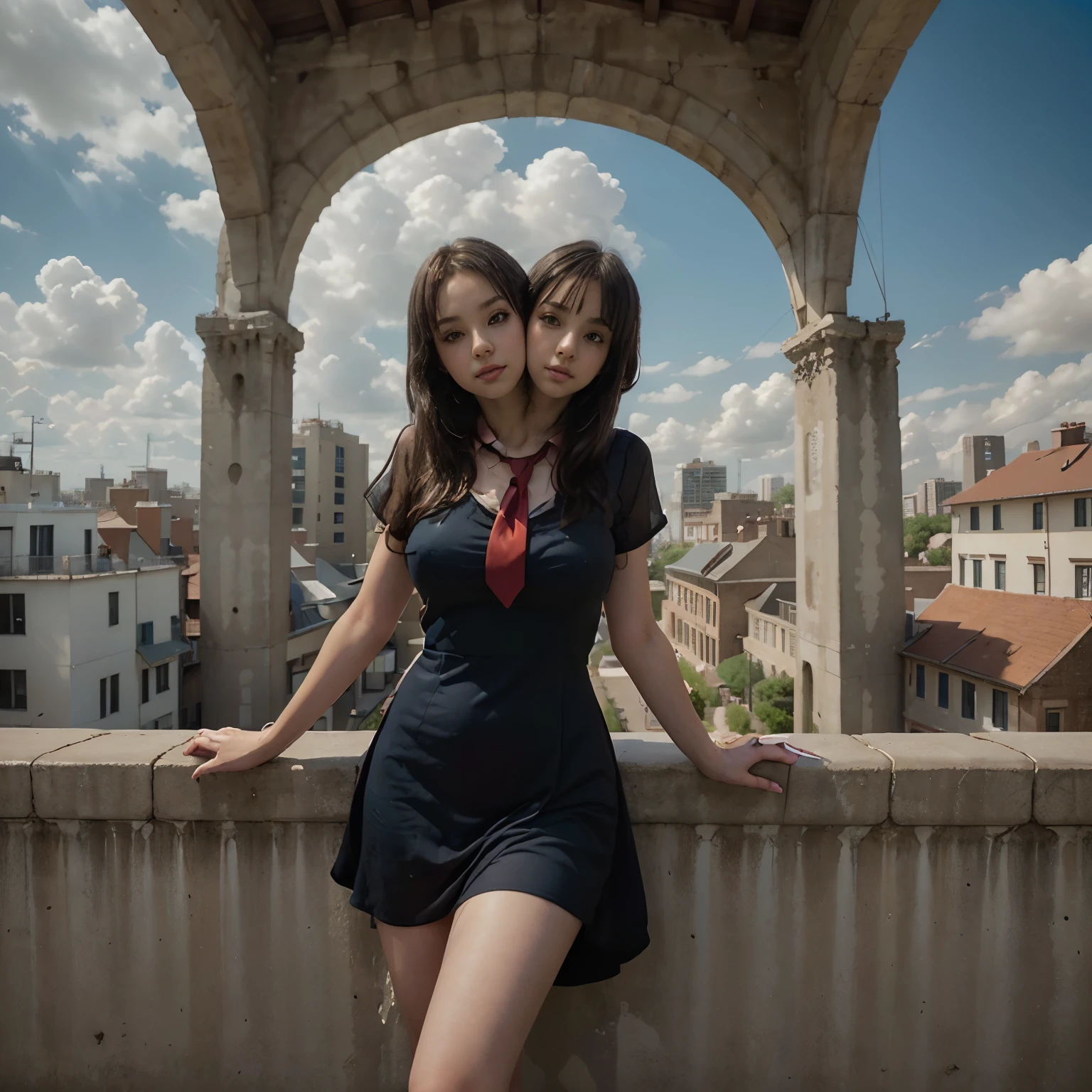 1girl,bangs,black_hair,blue_sky,bridge,building,castle,city,cityscape,cloud,day,dress,looking_at_viewer,outdoors,red_neckwear,red_ribbon,ribbon,river,short_hair,short_sleeves,sky,skyscraper,solo,standing,town,water,(masterpiece,anime,newest,new,exceptional:1.2), (two heads)