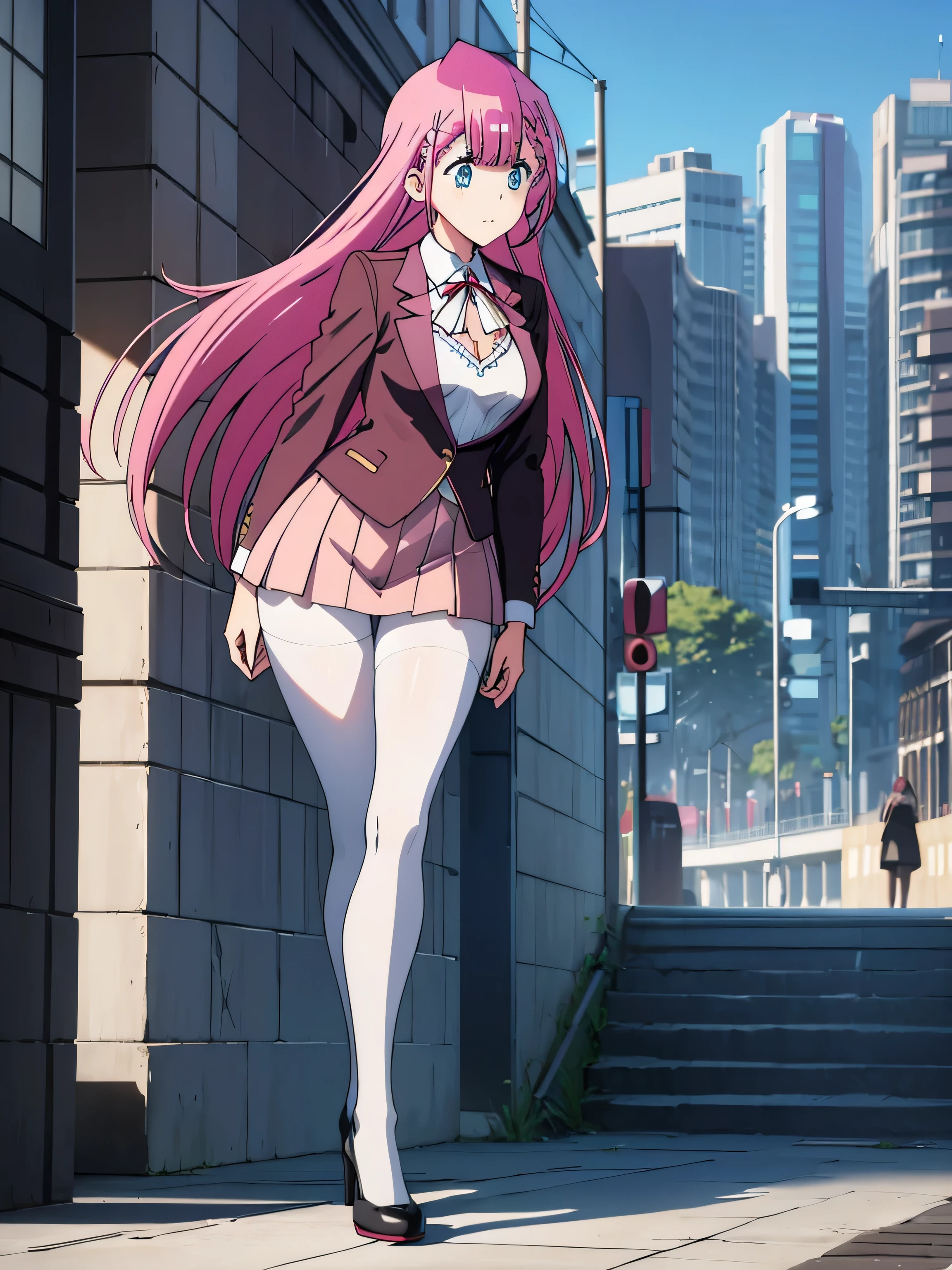 (masterpiece, top quality, highly detailed, 16k anime high resolution, anime style, clean brush strokes, highly detailed, anatomically perfect body), ((mafuyu kirisu)), solo, sexy, perfect Face, beautiful smile, long hair, pink hair, beautifully detailed eyes, blue eyes, hair between the eyes, braids, glamorous body, (large chest: 1.6), (jacket, black), (white Y-shirt, long sleeves) ), (white bra, under the shirt), (red skirt, skirt, suit), brown pantyhose, (white lace panties, under the pantyhose), black high heels,, firm stomach, wide Hips: 1.0, (big buttocks: 1.4), tall, plump legs, long legs, (standing, front), (stretching legs and kicking, forward, legs apart), forward facing, (city background, crowd), low angle photo,