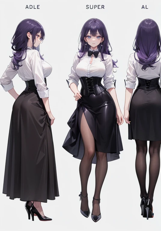 Purple hair,long hair,Adult female,(Bartender),((Rolling up your sleeves shirt)),(Corset),(Tight skirt),(high heels),((Simple background)),Smile,((Full body)),((whole body)),Character Sheet,Standing straight and facing forward