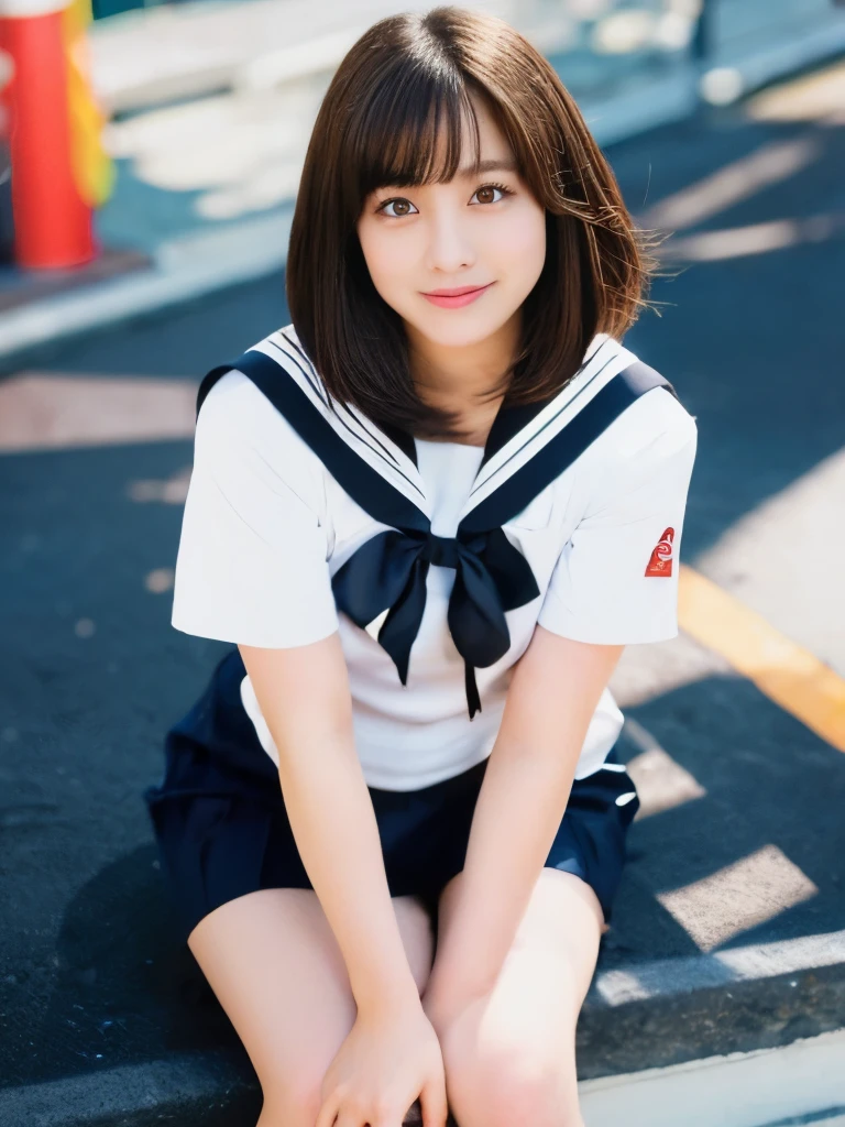 highest quality,Ultra-high resolution,Japanese actress,35kg,Bob Hair,Brown Hair,Big Eyes,Brown eyes,eyelid,Idol face,smile,looking at the camera,Sailor suit,uniform,ribbon,Short sleeve,Ultra mini skirt,Crotch Emphasis,Lift your legs,I can see her panties,School classroom,sunlight