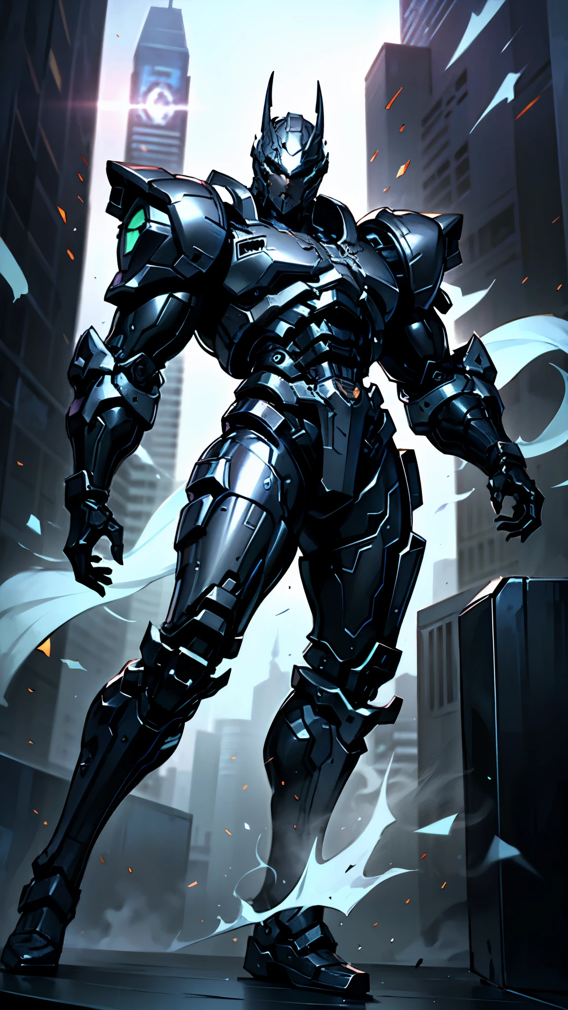 A man wearing a full-face helmet, a fantasy-style biotech armored combat suit, green eyes, (a composite layered chest armor), fully enclosed shoulder guards, matching arm and leg guards, the belt is adorned with fangs biting into orbs, (the color scheme is primarily black with red accents), the design balances heavy with agility, a high-tech bio-mecha armor, (Armor Concept Inspired by Bat, stand on the top of a skyscraper in a futuristic sci-fi city), this character embodies a finely crafted fantasy-surreal style armored hero in anime style, exquisite and mature manga art style, (element, plasma, energy, the armor glows), ((male:1.5)), metallic, real texture material, dramatic, high definition, best quality, highres, ultra-detailed, ultra-fine painting, extremely delicate, professional, perfect body proportions, golden ratio, anatomically correct, symmetrical face, extremely detailed eyes and face, high quality eyes, creativity, RAW photo, UHD, 32k, Natural light, cinematic lighting, masterpiece-anatomy-perfect, masterpiece:1.5