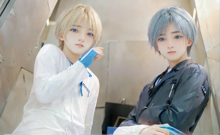 Two boys with blue eyes and blonde hair standing next to each other、cute