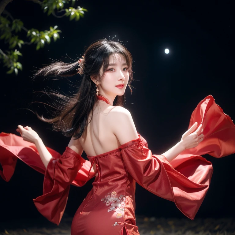 A long-haired Cantonese opera actress wearing a Chinese red cheongsam,Dancing under the moon among the peach blossom trees。Black Hair, Smile,Solitary, spike, Backlight, black background,earrings, Flowing hair, , Long hair, View viewer, , off-the-shoulder,(Reality), ((masterpiece))