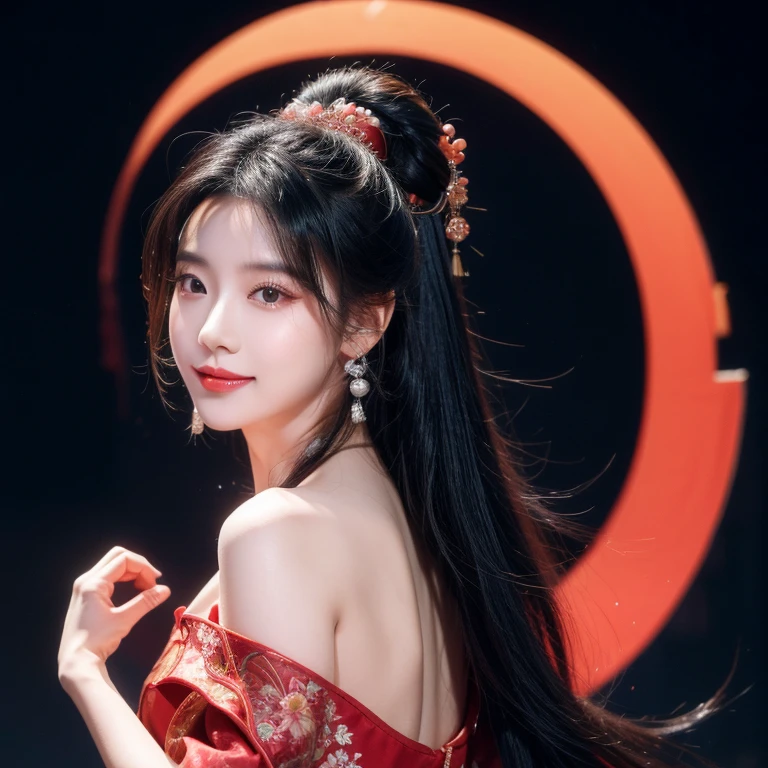 A long-haired Cantonese opera actress wearing a Chinese red cheongsam,Dancing under the moon among the peach blossom trees。Black Hair, Smile,Solitary, spike, Backlight, black background,earrings, Flowing hair, , Long hair, View viewer, , off-the-shoulder,(Reality), ((masterpiece))