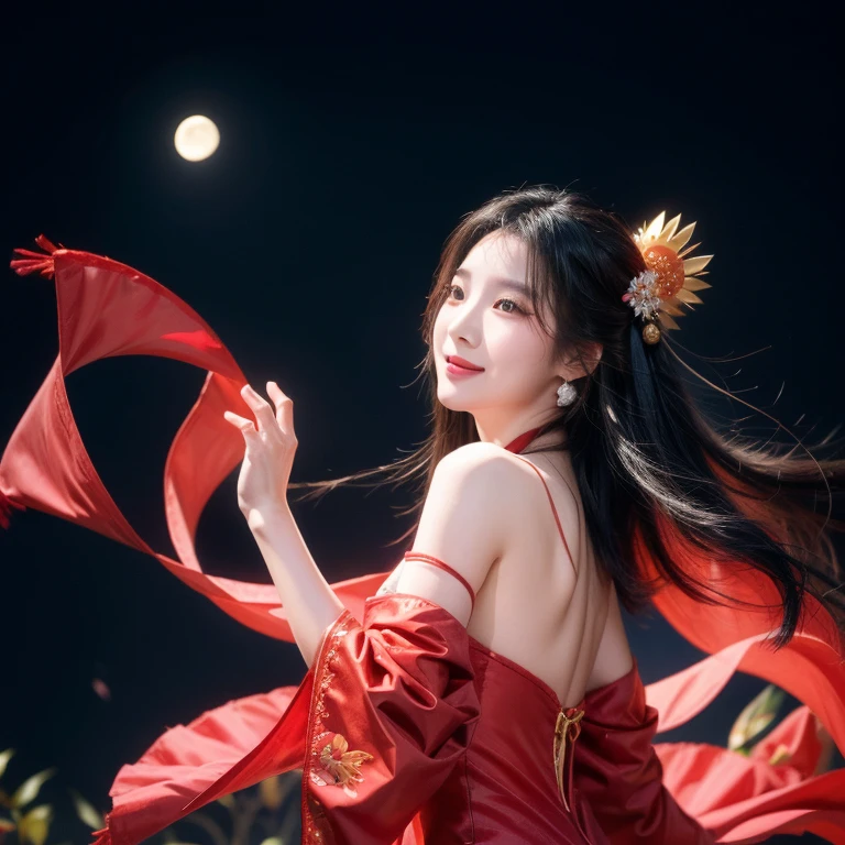 A long-haired Cantonese opera actress wearing a Chinese red cheongsam,Dancing under the moon among the peach blossom trees。Black Hair, Smile,Solitary, spike, Backlight, black background,earrings, Flowing hair, , Long hair, View viewer, , off-the-shoulder,(Reality), ((masterpiece))