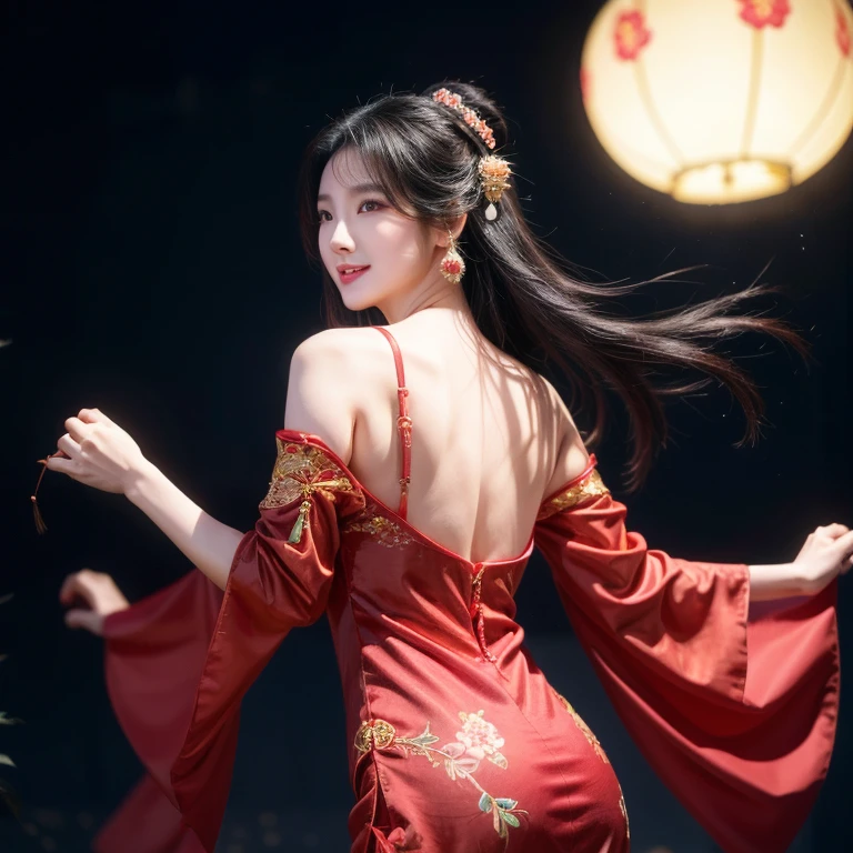 A long-haired Cantonese opera actress wearing a Chinese red cheongsam，Dancing under the moon among the peach blossom trees。Black Hair, Smile,Solitary, spike, Backlight, black background,earrings, Flowing hair, , Long hair, View viewer, , off-the-shoulder,(Reality), ((masterpiece))
