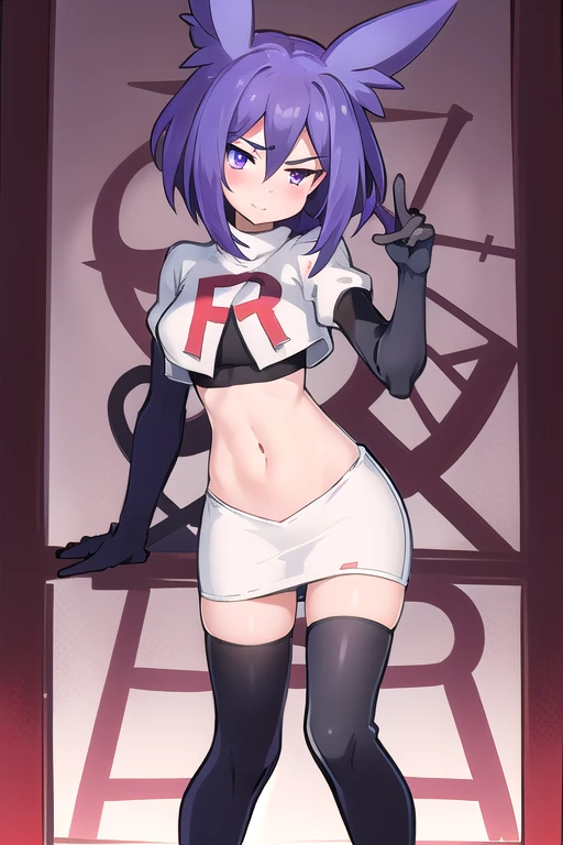 masterpiece, 1girl, levia \(trillion\), team rocket,team rocket uniform,white skirt,red letter R,crop top,black thigh-highs,black elbow gloves