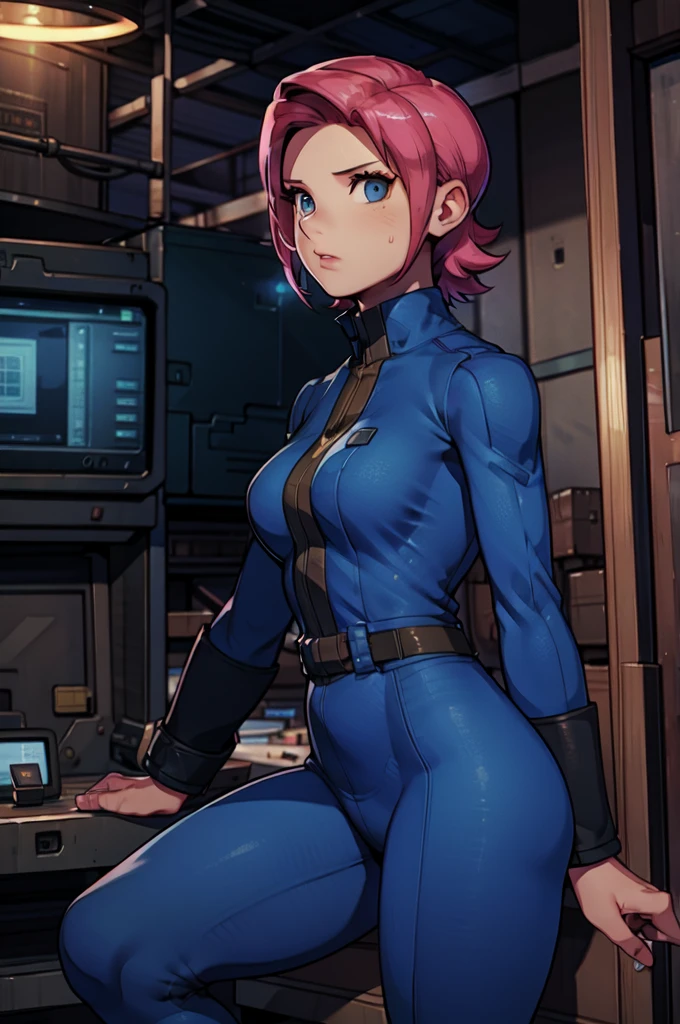 Mayl Sakurai reimagined as a vault dweller, doing maintenance in an underground vault. Her vibrant pink hair stands out against the dimly lit environment. She is a 26-year-old woman dressed in a vault dweller jumpsuit, indicative of her role in the post-apocalyptic world. The jumpsuit is worn but still functional, reflecting the harsh conditions of life underground. Her face is beautifully detailed, with expressive eyes that convey determination and intelligence. Her lips are also well-defined, adding to her overall allure.

In the vault, Mayl Sakurai is seen operating a pipboy, a wrist-worn device that serves as an essential tool and information hub for survival in the vault. The pipboy's screen emits a soft glow, illuminating Mayl's face and casting a subtle green hue on the surroundings. The details on the pipboy, from its buttons to its display, are extremely detailed, showcasing its futuristic design.

The underground vault is filled with mechanical equipment and pipes, emphasizing the importance of maintenance in this post-apocalyptic world. The atmosphere is gritty and industrial, with a hint of mystery and danger. The lighting is dim and has a hint of blue tones, enhancing the underground ambiance.

Despite the grim surroundings, Mayl Sakurai exudes confidence and strength as she jumps into action, ready to fulfill her duties as a vault dweller. Her posture and expression suggest that she is prepared to face any challenge that comes her way.

The image quality should be at its best, with 4K resolution and ultra-detailed rendering, capturing every intricate detail of the scene. The colors should be vivid, emphasizing the contrast between Mayl's vibrant pink hair and the dimly lit environment. The overall style should lean towards a post-apocalyptic concept art aesthetic, blending realism with a touch of fantasy.

In summary, the Stable Diffusion prompt for the provided theme would be:
Mayl Sakurai reimagined as a vault dweller, doing maintenance in an undergr